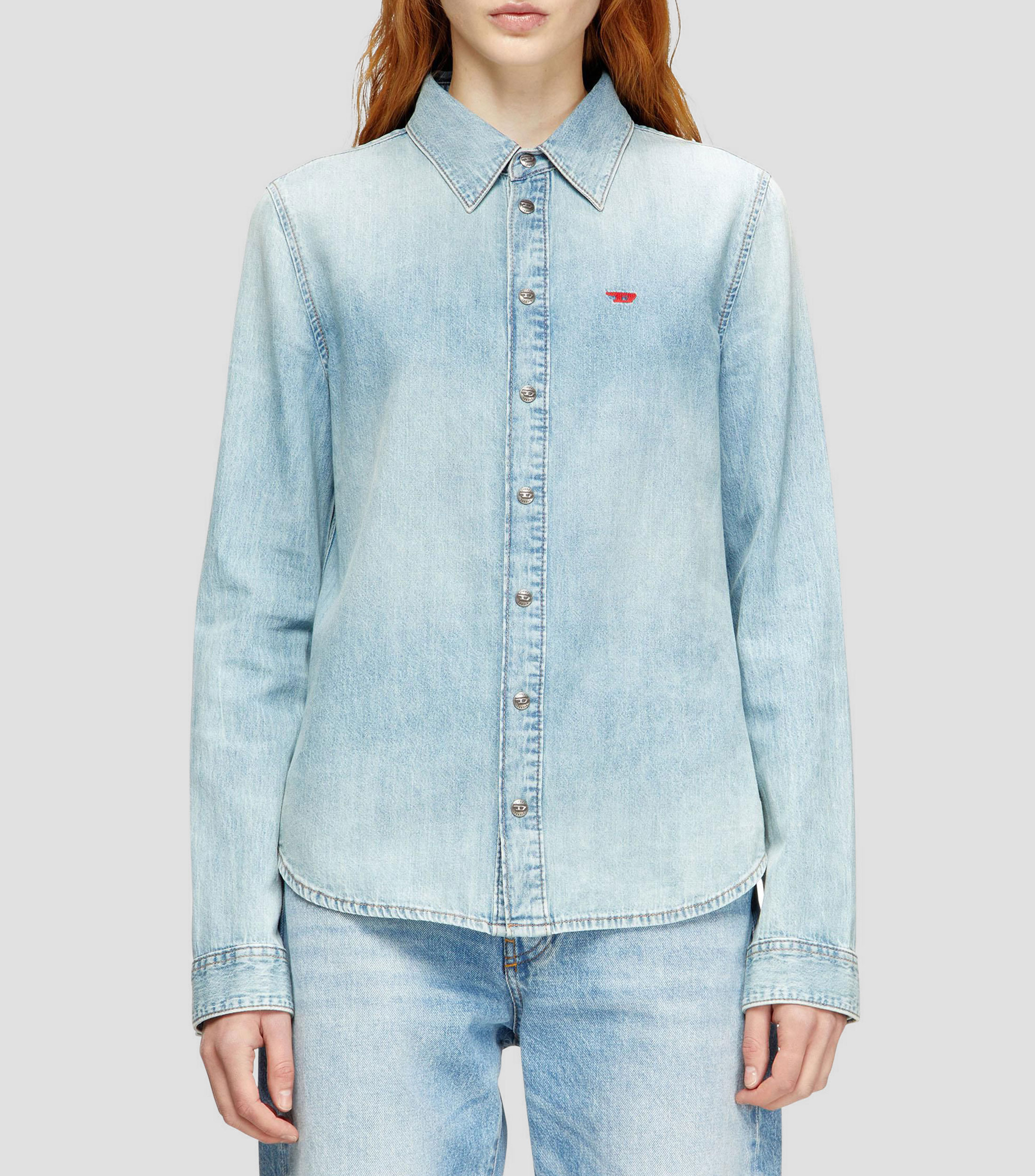 Camisa sólida de mezclilla manga larga Mujer